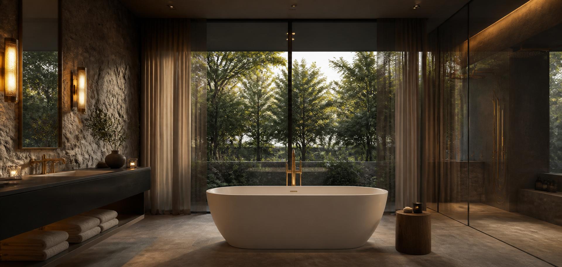 Luxury spa bathroom with freestanding bathtub