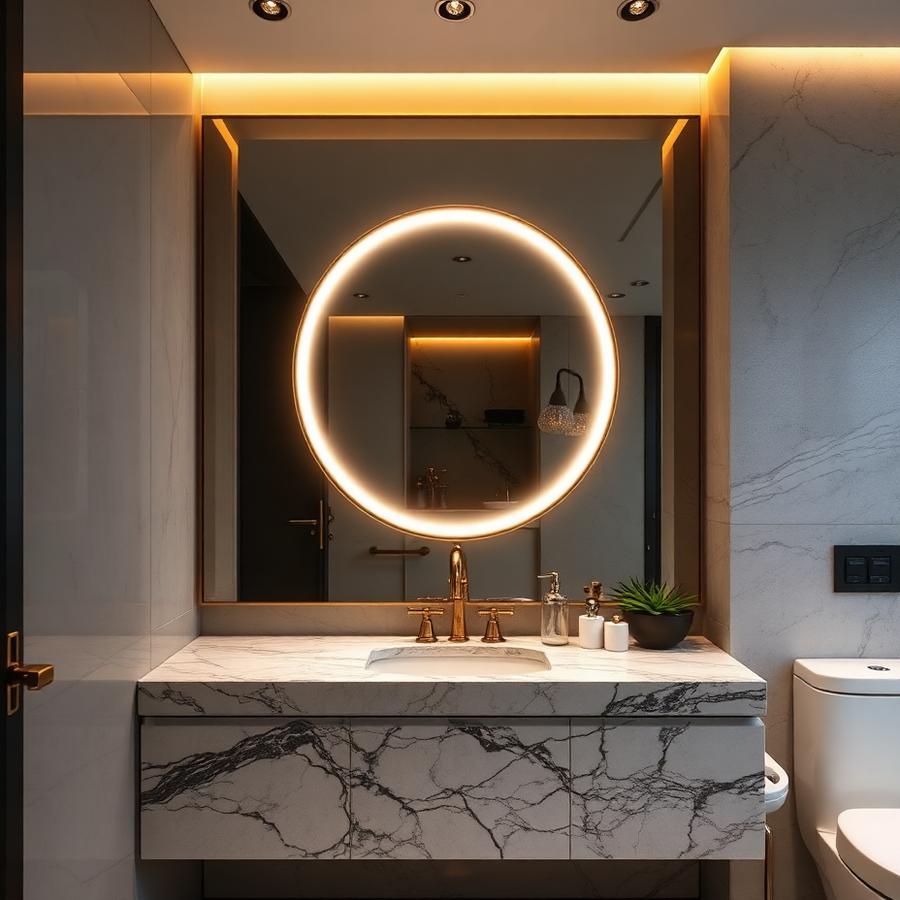 Marble vanity with backlit round mirror and gold tapware