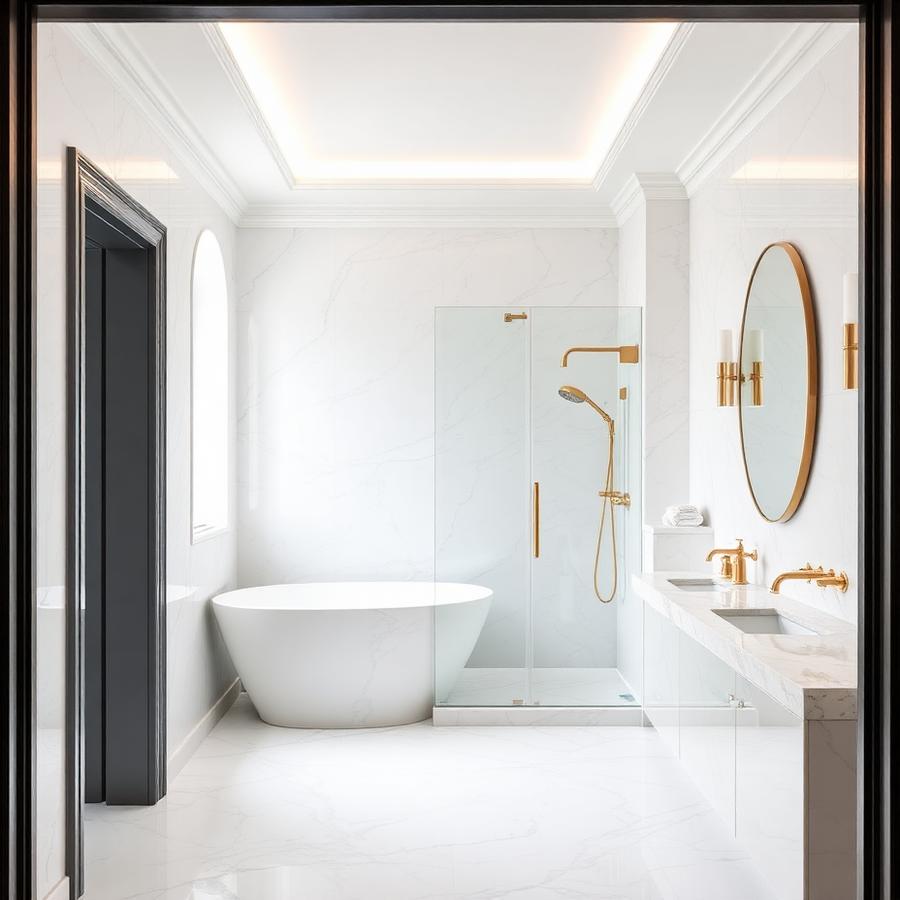 White marble bathroom with walk-in glass shower and brass fittings