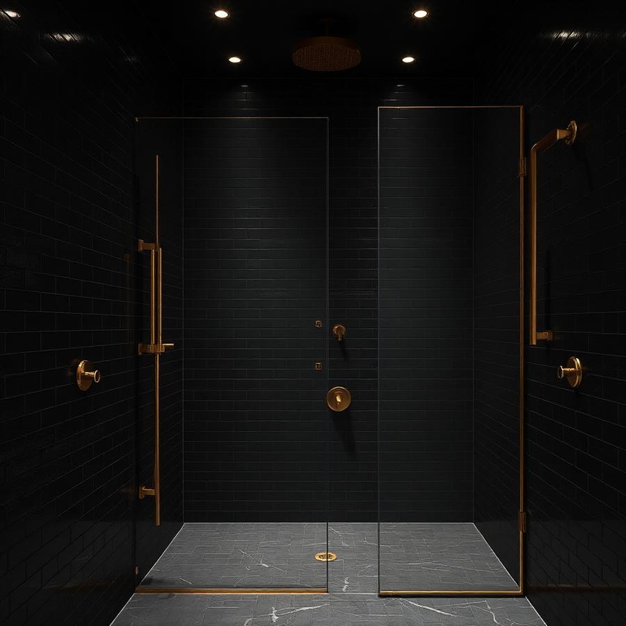 Dark tiled shower room with gold rain shower