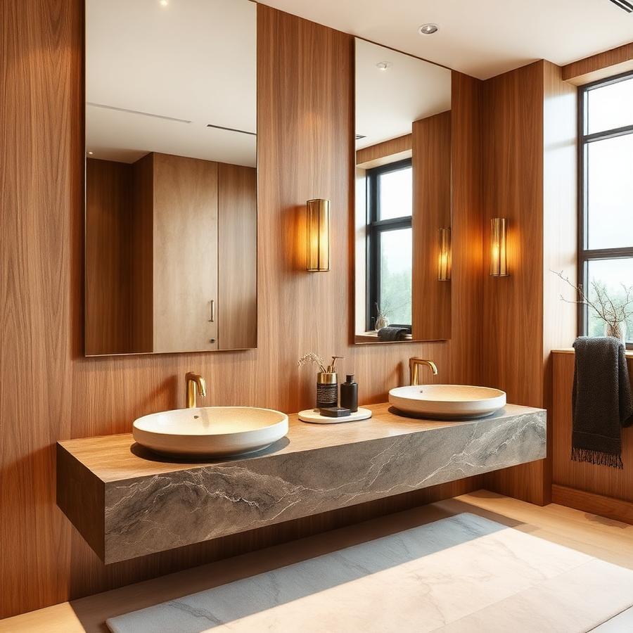 Double vanity bathroom with stone basins and brass taps