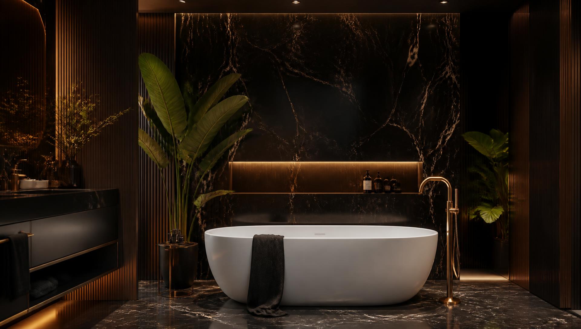 Luxury dark marble bathroom with freestanding bathtub and gold faucet